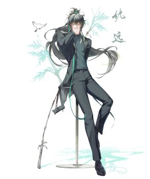 1boy absurdres alternate_costume animal animal_on_head animal_on_shoulder bird bird_on_head bird_on_shoulder black_hair black_jacket black_pants black_shirt black_shoes closed_eyes commentary cup drinking facing_viewer full_body hair_between_eyes hair_ornament hashtag-only_commentary highres holding holding_cup jacket jewelry long_hair male_focus necklace on_head open_clothes open_jacket pants ponytail qiuyuan_(wuthering_waves) shirt shoes simple_background solo white_background wuthering_waves youngjoo_kjy