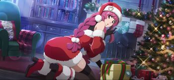 Rule 34 | alternate costume, ankle boots, armchair, ass, black gloves, black thighhighs, bleach, bleach: brave souls, bleach: sennen kessen-hen, book, bookshelf, boots, box, braid, chair, christmas, christmas lights, christmas ornaments, christmas outfit, christmas tree, commentary, costume, detached sleeves, dress, duplicate, dutch angle, english commentary, fireplace, fur-trimmed boots, fur-trimmed dress, fur-trimmed headwear, fur-trimmed sleeves, fur trim, gift, gift box, gloves, hair ornament, hat, heart, heart hair ornament, high heels, highres, indoors, kneeling, lens flare, long hair, looking at viewer, looking back, meninas mcallon, official alternate costume, official art, open mouth, parted lips, pink eyes, pink hair, pom pom (clothes), red dress, red sleeves, rug, santa costume, santa dress, santa hat, shoes, short dress, solo, sparkle, thighhighs, twin braids, very long hair, window