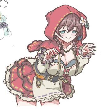 1girl aqua_eyes braid breasts brown_hair capelet claw_pose cleavage closed_mouth commentary_request cosplay dress emma_verde emma_verde_(innocent_little_red_riding_hood) freckles frilled_dress frills growbally half-closed_eyes hood hooded_capelet huge_breasts little_red_riding_hood_(fairy_tale) little_red_riding_hood_(fairy_tale_character) little_red_riding_hood_(fairy_tale_character)_(cosplay) long_sleeves looking_at_viewer love_live! love_live!_nijigasaki_high_school_idol_club love_live!_school_idol_festival_all_stars low_twin_braids lowres paint_chat_(medium) red_capelet smile solo split_mouth twin_braids white_dress