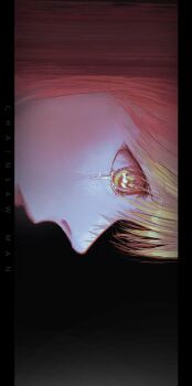 1girl 240_ron chainsaw_man close-up closed_mouth commentary copyright_name english_commentary from_side hair_between_eyes highres looking_ahead makima_(chainsaw_man) orange_hair pillarboxed shadow sideways solo tears yellow_eyes