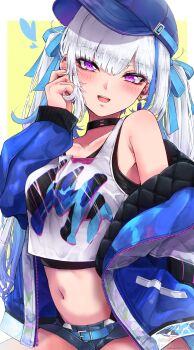 1girl absurdres belt black_choker black_shorts blue_belt blue_coat blue_hair blue_ribbon blush breasts choker coat collarbone commentary_request dededeteiu hair_ribbon heart highres lize_helesta lize_helesta_(8th_costume) long_hair long_sleeves looking_at_viewer medium_breasts midriff multicolored_hair navel nijisanji open_mouth purple_eyes ribbon shorts solo streaked_hair teeth twintails upper_teeth_only virtual_youtuber white_hair