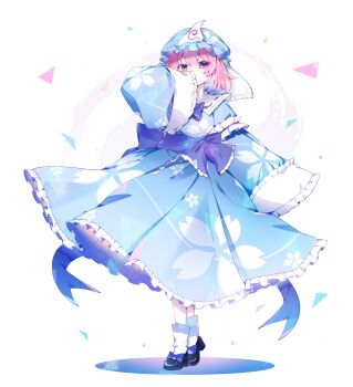 1girl absurdres blue_bow blue_hat blue_kimono bow breasts commentary covering_own_mouth footwear_bow frilled_kimono frilled_sleeves frills full_body hand_over_own_mouth hat highres japanese_clothes kimono long_sleeves looking_at_viewer mob_cap petal_print pink_eyes pink_hair print_kimono saigyouji_yuyuko sia_6767 sleeve_garter sleeves_past_fingers sleeves_past_wrists socks solo touhou triangular_headpiece white_socks wide_sleeves