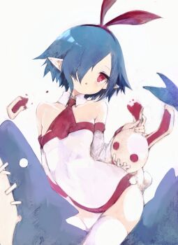 1girl bare_shoulders blue_hair blush breasts disgaea dress hair_over_one_eye highres looking_at_viewer original pleinair pointy_ears red_eyes same-san short_dress short_hair small_breasts solo stuffed_animal stuffed_rabbit stuffed_shark stuffed_toy tsutsugano usagi-san