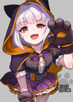 1girl animal_hands brown_eyes cloak commentary_request gloves halloween halloween_costume hood hooded_cloak idolmaster idolmaster_cinderella_girls kiichirou koshimizu_sachiko leaning_forward looking_at_viewer open_mouth paw_gloves purple_hair short_hair skirt smile solo