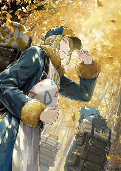 1boy 3others autumn autumn_leaves bag blonde_hair blue_fur bottle commentary day egg falling_leaves forest gen_4_pokemon ginkgo_guild_uniform hair_over_one_eye hat headscarf highres holding leaf long_hair long_sleeves looking_at_viewer male_focus multiple_others nature nintendo no_ichigo outdoors pokemon pokemon_(creature) pokemon_egg pokemon_legends:_arceus shinx shirt short_hair signature smile symbol-only_commentary tree volo_(pokemon) water_bottle