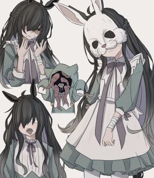 1girl absurdres bandaged_arm bandages black_hair braid closed_mouth distress dress genderswap genderswap_(mtf) green_dress hair_over_eyes half_up_braid hands_up head_tilt highres hiruno_d&#039;amour_(racehorse) implied_self-harm leogust long_hair long_sleeves mask monster open_mouth original personification rabbit_mask ringed_eyes sharp_teeth smile solo sweat teeth tentacles umamusume very_long_hair yellow_eyes