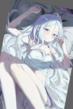 1girl ahoge black_halo blue_archive blush breasts demon_girl demon_horns demon_wings halo highres hina_(blue_archive) horns indoors long_hair looking_at_viewer low_wings lying panties purple_eyes rosu_1109 small_breasts solo underwear very_long_hair white_hair white_panties wings