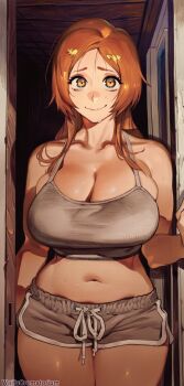 ai-generated bleach breasts cleavage crema_(cremasane) dolphin_shorts doorway drawstring grey_shorts highres inoue_orihime large_breasts midriff navel nervous_sweating orange_eyes orange_hair plump pov pov_doorway shorts spaghetti_strap sweat tank_top thighs tied_drawstring