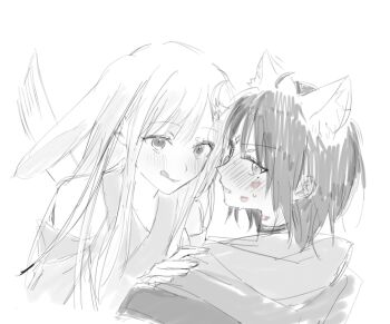 Rule 34 | 2girls, animal ears, blush, cho kaguya-hime!, choker, closed mouth, ear blush, fox ears, greyscale, hand on another's shoulder, highres, japanese clothes, kaguya (cho kaguya-hime!), kimono, licking lips, lipstick mark, lipstick mark on face, long hair, mobudeshi, monochrome, multiple girls, rabbit ears, sakayori iroha, short hair, smile, spot color, tongue, tongue out, yuri