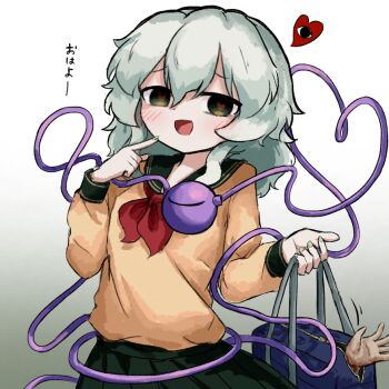 1girl :d bag black_eyes blood blood_on_hands blush cowboy_shot dot_nose finger_to_cheek gradient_background green_background green_eyes green_hair green_nails green_skirt heart heart-shaped_pupils heart_of_string heripantomorrow holding holding_bag index_finger_raised komeiji_koishi long_sleeves medium_hair open_mouth partially_unzipped pleated_skirt raised_inner_eyebrows red_ribbon ribbon school_uniform serafuku severed_hand skirt smile solo symbol-shaped_pupils third_eye touhou translation_request white_background yellow_serafuku