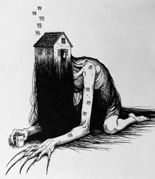 1girl absurdly_long_hair absurdres bent_over body_horror body_writing completely_nude crosshatching cup elbow_rest fingernails full_body greyscale hair_spread_out hands_on_floor hatching_(texture) head_down highres horror_(theme) linear_hatching long_arms long_fingernails long_hair messy_hair monochrome mug nude object_head original raccoon4644 ribs scan shadow shadow_censor sharp_fingernails simple_background sitting skinny traditional_media veiny_neck very_long_fingernails very_long_hair wariza