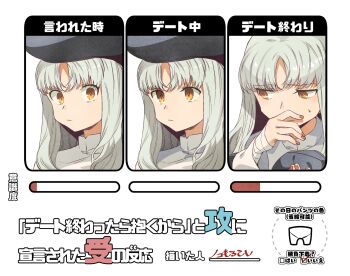 1girl bandaged_wrist bandages beret black_hat capelet caren_hortensia commentary_request embarrassed expressionless fate/hollow_ataraxia fate_(series) hand_to_own_mouth hat highres light_blush looking_at_viewer looking_to_the_side meme multiple_expressions noko_morokoshi nun parted_bangs portrait shawl sweatdrop translation_request wavy_hair white_capelet white_hair yellow_eyes