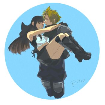 1boy 1girl armor artist_name baggy_pants bare_shoulders black_gloves black_hair blonde_hair boots carrying closed_eyes cloud_strife commentary_request cowboy_boots cowboy_hat crisis_core_final_fantasy_vii crop_top cropped_legs facing_away final_fantasy final_fantasy_vii gloves hat highres knee_pads long_hair midriff miniskirt navel open_clothes open_mouth open_vest pants princess_carry scarf shinra_infantry shinra_infantry_uniform shoulder_armor skirt smile spiked_hair thighs tifa_lockhart tifa_lockhart_(cowgirl) tori_(labyrinth_fft) unworn_hat unworn_headwear vest
