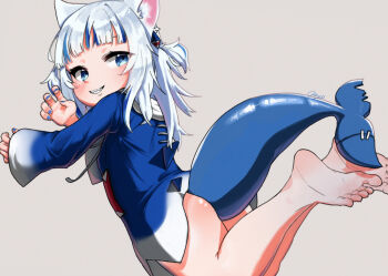 Rule 34 | 1girl, animal costume, ass, barefoot, blue hoodie, blue nails, breasts, closed mouth, commentary, feet, fins, fish tail, gawr gura, gawr gura (1st costume), hair ornament, hololive, hololive english, hood, hoodie, looking at viewer, medium hair, nail polish, omu (omu2627), shark costume, shark girl, shark hair ornament, shark tail, small breasts, smile, soles, solo, tail, toes, two side up, virtual youtuber, white background, white hair