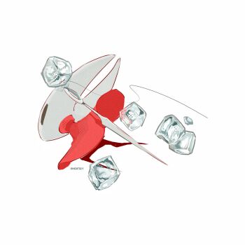 Rule 34 | 1girl, artist name, ben-day dots, black eyes, cloak, commentary, from side, full body, highres, hightguy, hollow knight, hollow knight: silksong, hornet (hollow knight), horns, ice, ice cube, needle (hollow knight), red cloak, screentones, solo, symbol-only commentary, thread, weapon, weapon on back, white background