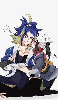 Rule 34 | 1boy, 1girl, adaman (pokemon), akari (pokemon), arm wrap, black hair, black pantyhose, black sash, blue coat, blue hair, blush, brown eyes, closed eyes, closed mouth, coat, cocoa s3, collarbone, crossed arms, eyebrow cut, eyelashes, galaxy team survey corps uniform, green hair, hand wraps, headscarf, heart, highres, imminent kiss, jacket, jewelry, long hair, multicolored hair, nintendo, one eye closed, pants, pantyhose, pokemon, pokemon legends: arceus, ponytail, red scarf, sash, scarf, shirt, sidelocks, smile, spoken heart, white headscarf