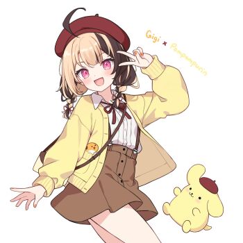 1boy ahoge beret black_hair braid brown_hair brown_skirt commentary cropped_legs dog english_commentary gigi_murin hat highres hitsukuya hololive hololive_english jacket long_hair looking_at_viewer multicolored_hair open_mouth orange_nails overalls pink_eyes pompompurin red_hat ribbon sanrio shirt shirt_tucked_in simple_background skirt smile standing twin_braids v very_long_hair virtual_youtuber white_background white_shirt yellow_jacket