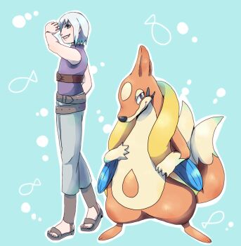 1boy belt crossover floatzel gen_4_pokemon hand_on_own_hip highres hoozuki_suigetsu naruto_(series) naruto_shippuuden nintendo o96ap pokemon pokemon_(creature) sandals sharp_teeth smile teeth