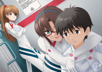 1boy 2girls absurdres against_wall black_eyes black_hair blue_eyes bodysuit brown_hair closed_mouth crossed_arms eyepatch hairband highres ikari_shinji leaning_back long_hair makinami_mari_illustrious mecha_pilot_suit multiple_girls nao_suke neon_genesis_evangelion plugsuit_(evangelion) ponytail shirt short_hair souryuu_asuka_langley white_bodysuit white_shirt