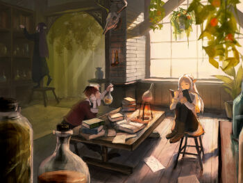 1boy 2girls alchemy animal_skull bandaged_arm bandages black_dress black_pants book bookshelf boots brown_boots cape cchan_tuka closed_eyes commentary_request dress elf fern_(sousou_no_frieren) fire frieren grey_hair hair_ornament holding holding_book holding_vial indoors knees_up long_hair long_sleeves looking_at_another multiple_girls on_stool open_book pants paper pile_of_books plant pointy_ears potted_plant purple_hair reading red_hair red_shirt shirt short_hair sitting skirt slice_of_life sousou_no_frieren standing stark_(sousou_no_frieren) straight_hair very_short_hair vial white_cape white_shirt white_skirt window