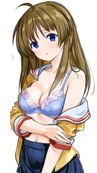 Rule 34 | 1girl, ahoge, blue bra, blue eyes, blue skirt, bra, breasts, brown hair, clannad, cleavage, commentary request, commission, flying sweatdrops, hand on own arm, long hair, looking at viewer, medium breasts, miyazawa yukine, navel, parted lips, pleated skirt, sailor collar, school uniform, shirt, simple background, single bare shoulder, single off shoulder, skeb commission, skirt, solo, sweat, underwear, upper body, white background, white sailor collar, yellow shirt, zenoo