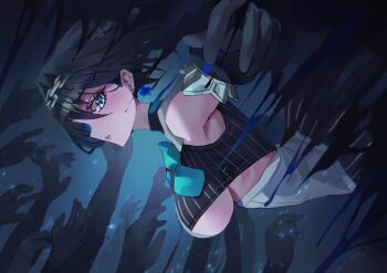 Rule 34 | 1girl, absurdres, bare shoulders, black gloves, black hair, blue eyes, blue hair, blush, breasts, colored inner hair, commentary, ear piercing, from side, gloves, highres, hololive, hololive english, large breasts, looking at viewer, multicolored hair, okinairis, open mouth, ouro kronii, ouro kronii (1st costume), piercing, short hair, solo, two-tone hair, underboob, upper body, virtual youtuber