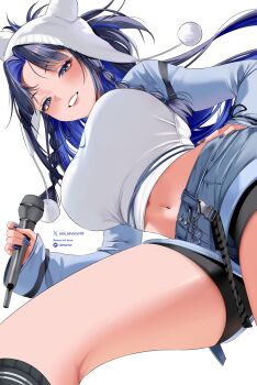 1girl :d animal_hat bike_shorts bike_shorts_under_shorts black_hair blue_eyes blue_hair blue_shorts blue_shrug braid braided_sidelocks breasts cat_hat colored_inner_hair commentary cropped_shirt curtained_hair denim denim_shorts english_commentary from_below grin hair_intakes hat highres holding holding_microphone hololive hololive_english large_breasts long_sleeves looking_at_viewer microphone midriff multicolored_hair navel official_alternate_costume official_alternate_hairstyle oioi_ainomo open_mouth ouro_kronii shirt short_shorts shorts shrug_(clothing) sidelocks smile solo virtual_youtuber way_2_u_(ouro_kronii) white_shirt