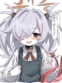 1girl blue_archive brown_halo diagonal-striped_ribbon dress hair_over_one_eye halo highres kanoe_(blue_archive) looking_at_viewer open_mouth orange_eyes pinafore_dress scar scar_on_neck simple_background sleeveless sleeveless_dress smile solo string string_around_finger string_of_fate tachikaze_miyako tilted_halo translation_request white_background