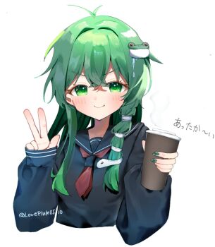 1girl antenna_hair ascot black_serafuku black_shirt closed_mouth cup disposable_coffee_cup disposable_cup frog_hair_ornament green_eyes green_hair green_nails hair_between_eyes hair_ornament hair_tubes hashtag-only_commentary highres holding holding_cup kochiya_sanae long_hair looking_at_viewer loveplum0510 nail_polish red_ascot school_uniform serafuku shirt single_hair_tube smile snake_hair_ornament solo touhou translation_request twitter_username upper_body v