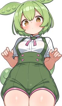 1girl absurdres alternate_breast_size_(larger) blush breasts green_hair green_shorts highres looking_at_viewer medium_breasts shiguren_39 shirt short_sleeves shorts simple_background solo suspender_shorts suspenders voicevox white_background white_shirt zundamon