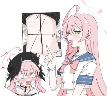 Rule 34 | <|> <|>, 2girls, 5zymp, :d, ahoge, beret, black hat, blue archive, blue bow, blue bowtie, blue sailor collar, blush, bow, bowtie, buttons, cropped shirt, double-breasted, geometry, green eyes, halo, hanako (blue archive), hand up, hat, head wings, huge ahoge, index finger raised, koharu (blue archive), long hair, math, midriff, multiple girls, multiple views, navel, open mouth, pink hair, pink halo, red halo, sailor collar, school uniform, shirt, short sleeves, simple background, smear frame, smile, white background, white sailor collar, white shirt, wings