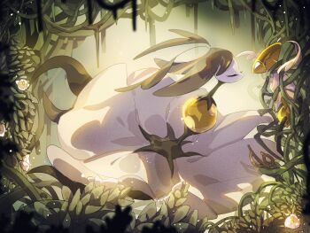 1girl 1other arthropod_girl closed_mouth colored_skin commentary_request creature creature_focus entangled highres hollow_knight hollow_knight:_silksong nyleth_(hollow_knight) oxide_cat plant second_sentinel_(hollow_knight) vines white_eyes white_skin