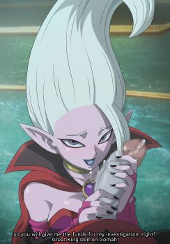 Rule 34 | 1boy, 1girl, black nails, bridal gauntlets, colored skin, cum, cum string, dr. arinsu, dragon ball, dragon ball daima, english text, gold choker, gomah (dragon ball), hetero, highres, long pointy ears, looking at viewer, open mouth, penis, grabbing another's penis, pointy ears, pov, purple bridal gauntlets, purple skin, smile, tall hair, uroboros (dhmv3484), white hair