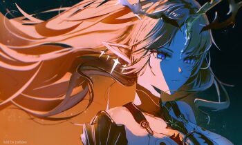 1girl absurdres bare_shoulders black_collar blonde_hair blue_eyes closed_mouth collar commentary crown crown_of_thorns earrings english_commentary fleurdelys_(wuthering_waves) floating_crown floating_earrings hair_lift highres horns jewelry jsebaxx long_hair long_horns pointy_ears single_horn solo tabard tacet_mark_(wuthering_waves) white_tabard wuthering_waves yellow_horns
