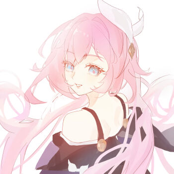 1girl blue_eyes chinese_commentary coat commentary_request cyrene_(aedes_elysiae)_(honkai:_star_rail) cyrene_(honkai:_star_rail) from_side hair_ornament highres honkai:_star_rail honkai_(series) long_hair no_ying_sakura parted_lips pink_hair purple_coat simple_background solo upper_body very_long_hair white_background