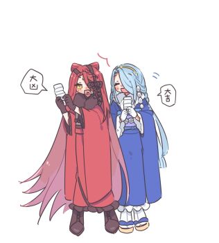 2girls anko_omotimoti black_gloves blue_hair blue_kimono fang fate/grand_order fate_(series) gloves hair_over_one_eye highres japanese_clothes kimono long_hair multiple_girls omikuji red_hair red_kimono typhon_ephemeros_(fate) typhon_epsilon_(fate) very_long_hair white_background white_gloves wide_sleeves yellow_eyes