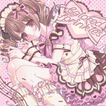Rule 34 | 1girl, :3, apron, blush, bow, brown bow, brown hair, checkerboard cookie, choco girl, commentary, cookie, corrupted twitter file, dress, fetal position, food, frilled headwear, frilled shirt collar, frilled socks, frilled wrist cuffs, frills, hair bow, highres, lolita fashion, lolita print, looking at viewer, maid apron, neapolitan palette, original, pink dress, pink eyes, pink ribbon, polka dot, polka dot background, puffy short sleeves, puffy sleeves, retasuwokue2022, ribbon, short sleeves, socks, solo, sprinkles, striped clothes, striped dress, sweet lolita, twintails, vertical-striped clothes, vertical-striped dress, wrist cuffs