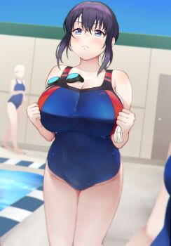 3girls absurdres blue_eyes blue_one-piece_swimsuit blurry blush breasts chromatic_aberration cleavage clenched_hands competition_swimsuit cowboy_shot depth_of_field dutch_angle frown goggles unworn_goggles groin hands_up highres holding huge_breasts looking_at_viewer multiple_girls object_in_clothes object_in_swimsuit okamen one-piece_swimsuit original pool poolside purple_hair short_hair sidelocks solo_focus standing swim_cap unworn_swim_cap swimsuit taut_clothes taut_swimsuit wet