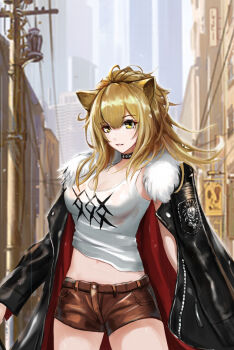 1girl animal_ears arknights black_choker black_jacket blonde_hair blurry blurry_background breasts brown_shorts building choker cleavage commentary_request cowboy_shot crop_top day fur-trimmed_jacket fur-trimmed_shorts fur_trim hair_between_eyes highres jacket large_breasts leather lee_domino lion_ears lion_girl long_hair long_sleeves looking_at_viewer medium_breasts midriff navel open_clothes open_jacket outdoors parted_lips shirt short_shorts shorts siege_(arknights) smile solo standing stomach tank_top thighs white_tank_top yellow_eyes