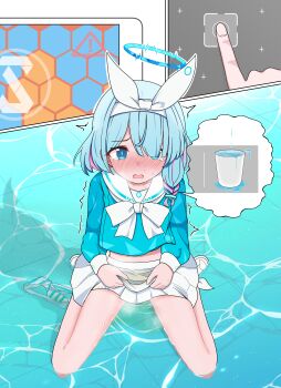 1girl absurdres arona_(blue_archive) blue_archive blue_eyes blue_hair blue_shirt blush braid commentary_request hair_over_one_eye hairband halo highres lmc_(lmcgarage) loli long_sleeves multicolored_hair nose_blush open_mouth panties pee peeing peeing_self pleated_skirt ribbon sailor_collar school_uniform serafuku shirt shoes sitting skirt striped_clothes striped_panties tears trembling two-tone_hair underwear water wet wet_clothes white_hairband white_ribbon white_sailor_collar white_skirt