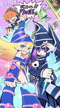 2boys 2girls blonde_hair blue_eyes brief_(psg) chuck_(psg) cosplay dark_magician dark_magician_(cosplay) dark_magician_girl dark_magician_girl_(cosplay) exodia_the_forbidden_one exodia_the_forbidden_one_(cosplay) freckles garterbelt_(psg) hat headphones highres long_hair millennium_puzzle multicolored_hair multiple_boys multiple_girls muto_yugi muto_yugi_(cosplay) orange_hair panty_&amp;_stocking_with_garterbelt panty_(psg) pink_hair purple_hair robe rod rooru_kyaabetsu smile stocking_(psg) striped_clothes striped_thighhighs stuffed_animal stuffed_toy thighhighs thighs wizard_hat yu-gi-oh!