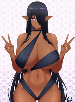 1girl black_hair breasts commentary dark_elf dark_skin double_v elf highres huge_breasts long_hair looking_at_viewer multicolored_hair navel original pointy_ears purple_eyes ryu_seung solo two-tone_hair v very_long_hair white_hair