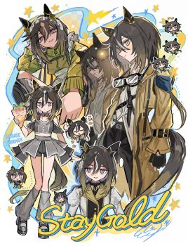 Rule 34 | 1girl, absurdres, animal ears, apron, asymmetrical shirt, black gloves, black hair, black pants, black shirt, black shorts, blue shirt, blush, breasts, brown eyes, brown hair, camouflage, casual, character name, closed eyes, closed mouth, clothing cutout, coat, commentary request, crepe, detached collar, ear covers, fanny pack, food, frilled apron, frills, gloves, goggles, goggles around neck, grey shirt, hair between eyes, highres, holding, holding crepe, holding food, horse ears, horse girl, horse tail, jacket, jersey maid, knife sheath, kumo (mokumoku warabi), long hair, looking at viewer, loose socks, maid, maid apron, maid headdress, meni shuki rush-sshu!, midriff, multicolored hair, multiple views, overskirt, pants, parted lips, sheath, shirt, shorts, shoulder cutout, small breasts, smile, socks, star (symbol), stay gold (casual) (umamusume), stay gold (sunlit outsider) (umamusume), stay gold (umamusume), streaked hair, tail, torn clothes, torn coat, track jacket, umamusume, unconventional maid, white apron, white hair, white jacket, white shirt, wrist belt, yellow coat, yellow jacket