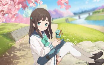 1girl airi_(blue_archive) aqua_bag aqua_eyes bag blue_archive blue_sky blurry blurry_background blush bow bowtie bridge brown_hair cherry_blossoms closed_mouth cloud day falling_petals food food-themed_hair_ornament game_asset grass green_bow green_bowtie green_halo hair_between_eyes hair_ornament hairclip halo highres holding holding_food holding_ice_cream holding_ice_cream_cone ice_cream ice_cream_cone ice_cream_hair_ornament loafers long_hair long_sleeves looking_at_viewer mint_chocolate non-web_source official_art on_floor outdoors pantyhose petals pleated_skirt river sailor_collar school_bag school_uniform self-datamine serafuku shoes sitting skirt sky smile solo tree water white_pantyhose white_serafuku white_skirt yutokamizu