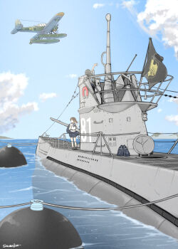 2girls aircraft airplane bag black_hair black_shoes blue_sky cloud cloudy_sky flag highres long_hair military_vehicle multiple_girls ocean original outdoors savankov school_bag school_uniform shirt shoes skirt sky standing submarine twitter_username watercraft