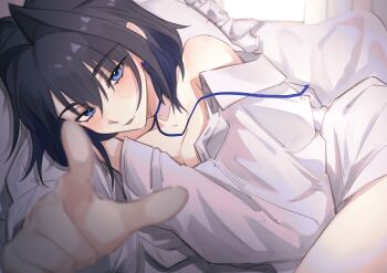 1girl absurdres black_hair blue_eyes blurry blurry_foreground breasts cleavage double-parted_bangs fang fanged_bangs hair_between_eyes hair_intakes highres hololive hololive_english hunk_404 large_breasts looking_at_viewer lying naked_shirt on_side open_mouth ouro_kronii pointing pointing_at_viewer shirt short_hair skin_fang solo virtual_youtuber