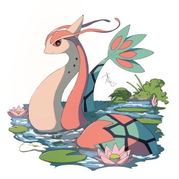 black_eyes closed_mouth colored_sclera commentary_request flower gen_3_pokemon highres lily_pad looking_at_viewer milotic nintendo no_humans partially_submerged pokemon pokemon_(creature) pokemon_focus red_sclera solo supiraji_penpen tail water