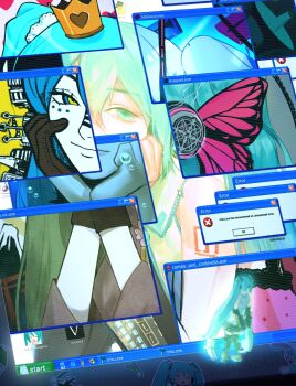 1girl aqua_hair blue_eyes blue_hair butterfly_ornament commentary cursor desktop_(computing) english_commentary error_message green_eyes green_hair hatsune_miku head_rest hibikase_(vocaloid) highres hologram icon_(computing) internet_explorer koi_wa_sensou_(vocaloid) magnet_(vocaloid) matryoshka_(vocaloid) microsoft_paint_(software) microsoft_windows mikumikudance multicolored_eyes multiple_views romeo_to_cinderella_(vocaloid) salukipop senbonzakura_(vocaloid) shinkai_shoujo_(vocaloid) shoulder_tattoo smile song_name taskbar tattoo two-tone_eyes vocaloid window_(computing) windows_media_player windows_xp world_is_mine_(vocaloid) yellow_eyes