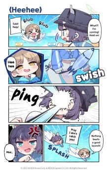 Rule 34 | > <, 2girls, anger vein, bikini, blue archive, blue hoodie, blue jacket, blue sky, breasts, brown hair, character name, chibi, cloud, commentary, cropped hoodie, day, donmin h, drawstring, emphasis lines, english commentary, english text, glasses, halo, highres, hood, hood down, hoodie, horizon, jacket, large breasts, long sleeves, looking at another, medium hair, moe (blue archive), moe (swimsuit) (blue archive), motion lines, multiple girls, navel, no nose, official art, outdoors, parted bangs, purple hair, saki (blue archive), saki (swimsuit) (blue archive), side-tie bikini bottom, sky, smile, smug, speech bubble, swimming, swimsuit, thighs, unworn eyewear, v-shaped eyebrows, water, wet, white jacket