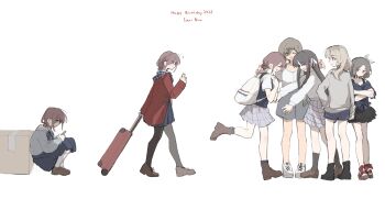 5girls absurdres ahoge awa_subaru backpack bag black_hair black_pantyhose black_shoes black_skirt black_socks blue_eyes blue_shirt blue_shorts blue_skirt blue_sweater_vest box brown_hair brown_shoes cardboard_box cellphone character_name closed_eyes commentary_request crossed_arms earphones ebizuka_tomo girls_band_cry grey_hair grey_shirt hair_ribbon hand_on_own_hip happy_birthday highres holding holding_phone hood hood_down hooded_jacket iseri_nina jacket kawaragi_momoka kneehighs loafers long_hair multicolored_hair multiple_girls open_mouth pantyhose phone pleated_skirt red_eyes red_jacket ribbon rolling_suitcase roots_(hair) rupa_(girls_band_cry) shirt shoes short_hair short_twintails shorts sidelocks simple_background skirt smartphone socks squatting suitcase sweater_vest tetenohako togenashi_togeari twintails white_background white_bag white_ribbon white_shirt white_shoes white_socks